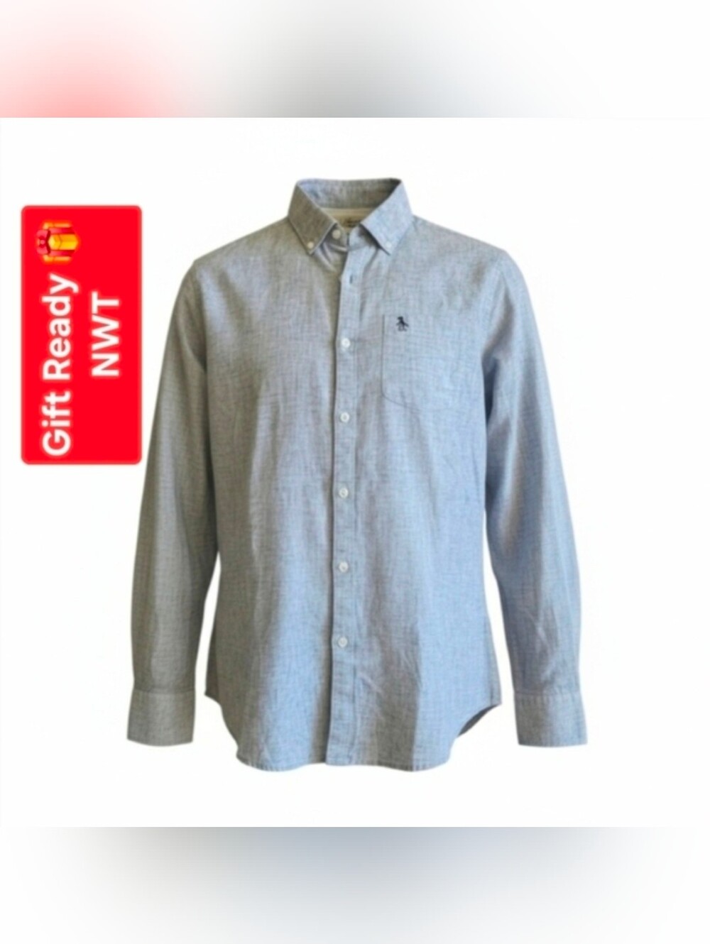 NWT Original Penguin Men's Blue Chambray Linen Blend Button Down Shirt. Size S